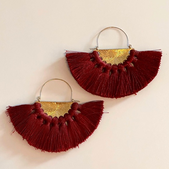 Maroon and Gold Large Tassel Hoop Statement Earrings - Picture 1 of 5